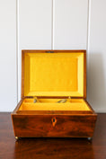 Load image into Gallery viewer, Antique Rosewood Sewing Box with Ebony Lattice + Floral Inlay | Yellow Silk Interior on Brass Bun Feet (includes stitch guide!)
