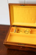 Load image into Gallery viewer, Antique Rosewood Sewing Box with Ebony Lattice + Floral Inlay | Yellow Silk Interior on Brass Bun Feet (includes stitch guide!)
