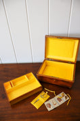 Load image into Gallery viewer, Antique Rosewood Sewing Box with Ebony Lattice + Floral Inlay | Yellow Silk Interior on Brass Bun Feet (includes stitch guide!)
