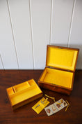 Load image into Gallery viewer, Antique Rosewood Sewing Box with Ebony Lattice + Floral Inlay | Yellow Silk Interior on Brass Bun Feet (includes stitch guide!)
