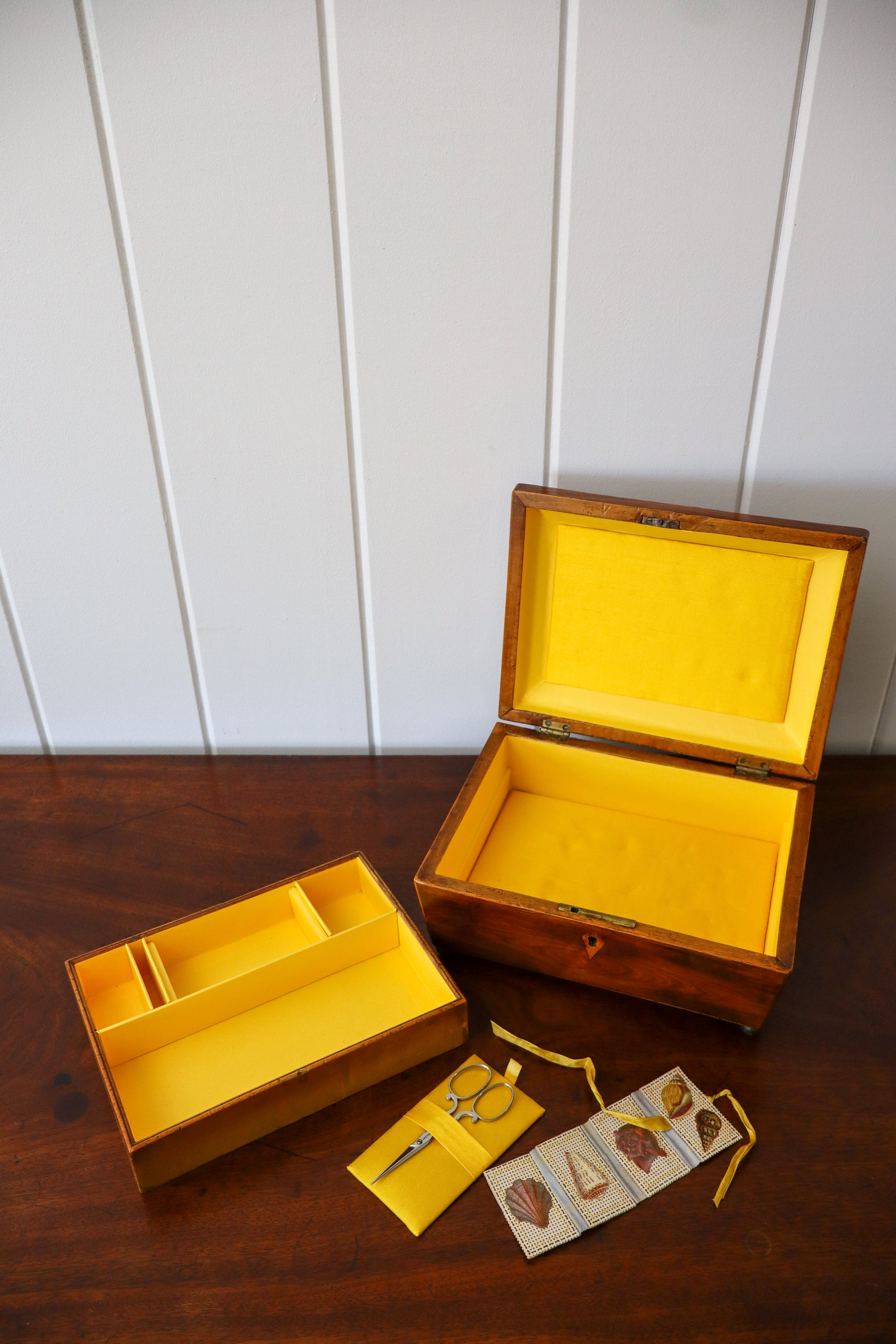 Antique Rosewood Sewing Box with Ebony Lattice + Floral Inlay | Yellow Silk Interior on Brass Bun Feet (includes stitch guide!)
