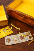 Load image into Gallery viewer, Antique Rosewood Sewing Box with Ebony Lattice + Floral Inlay | Yellow Silk Interior on Brass Bun Feet (includes stitch guide!)
