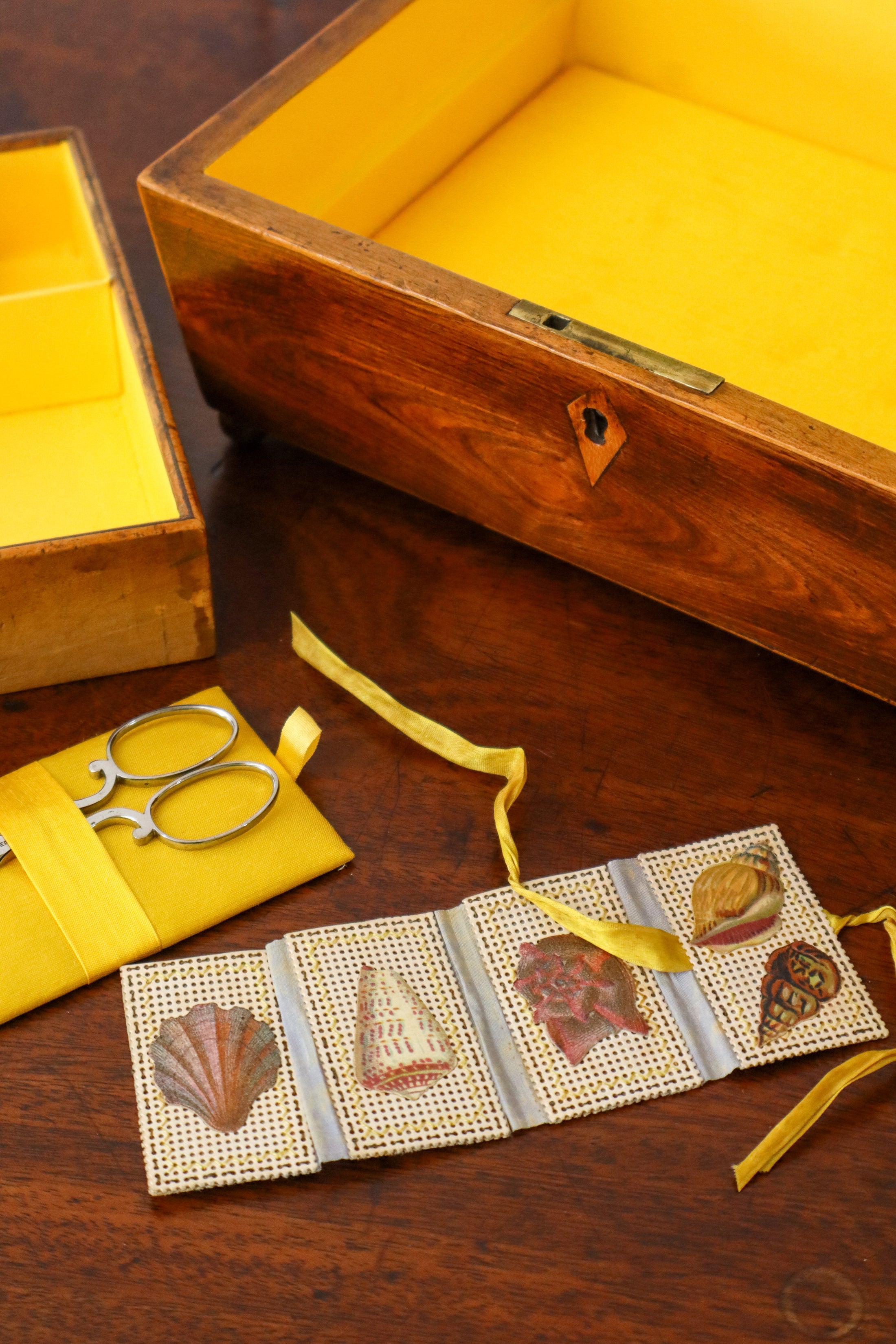 Antique Rosewood Sewing Box with Ebony Lattice + Floral Inlay | Yellow Silk Interior on Brass Bun Feet (includes stitch guide!)