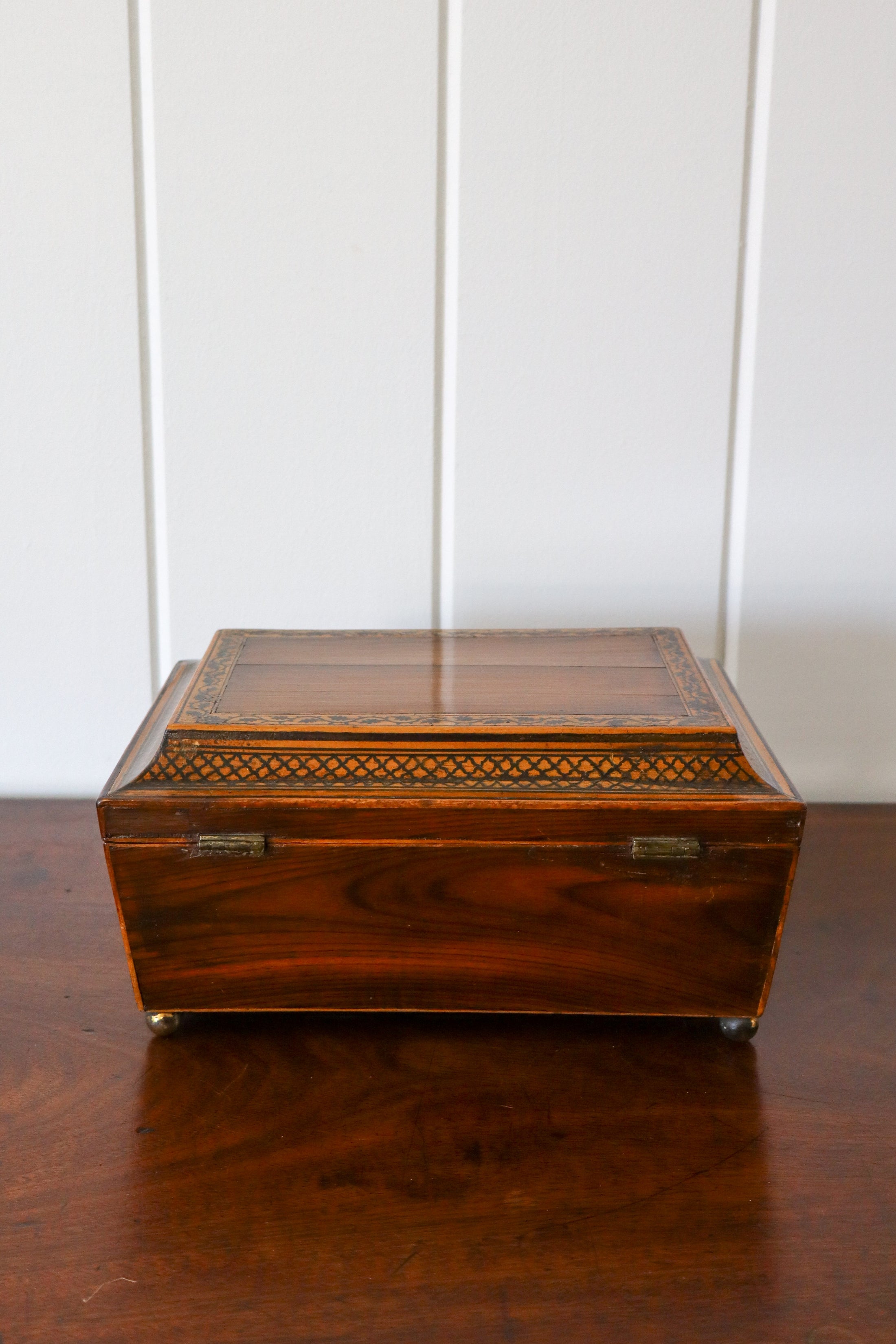 Antique Rosewood Sewing Box with Ebony Lattice + Floral Inlay | Yellow Silk Interior on Brass Bun Feet (includes stitch guide!)