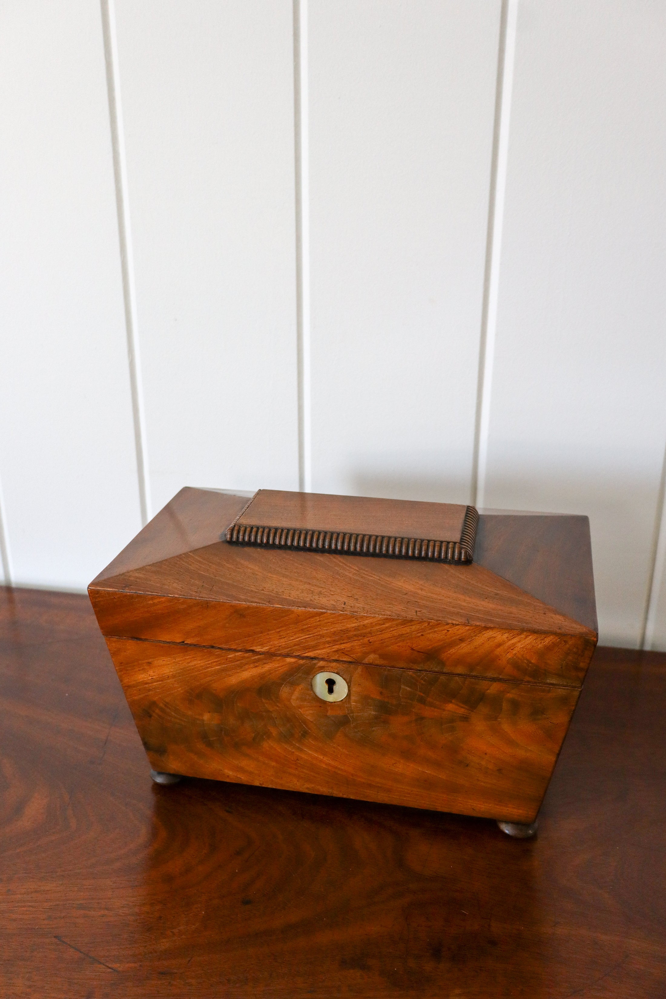19th Century Mahogany Tea Caddy with Carved Top Detail on Bun Feet