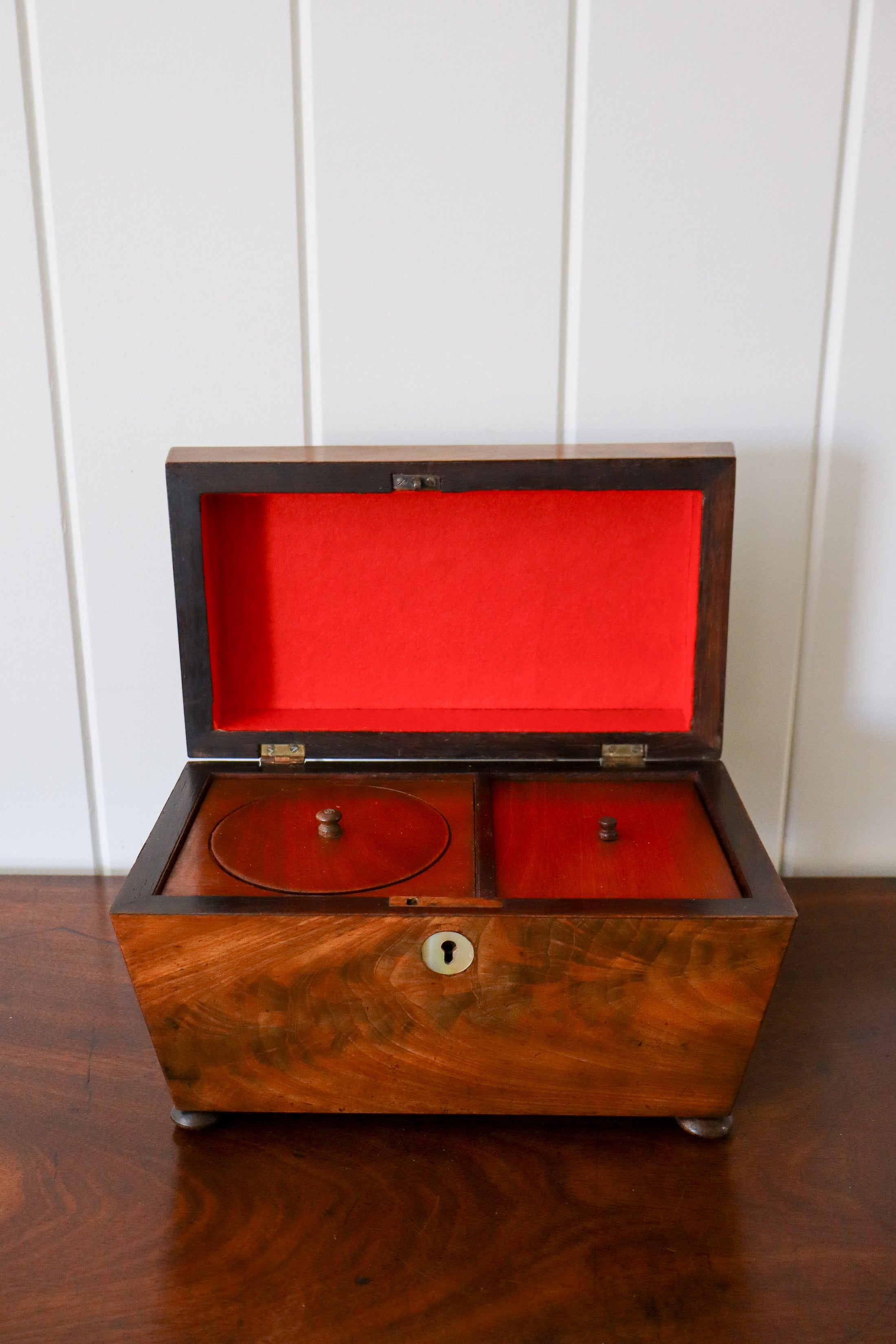 19th Century Mahogany Tea Caddy with Carved Top Detail on Bun Feet