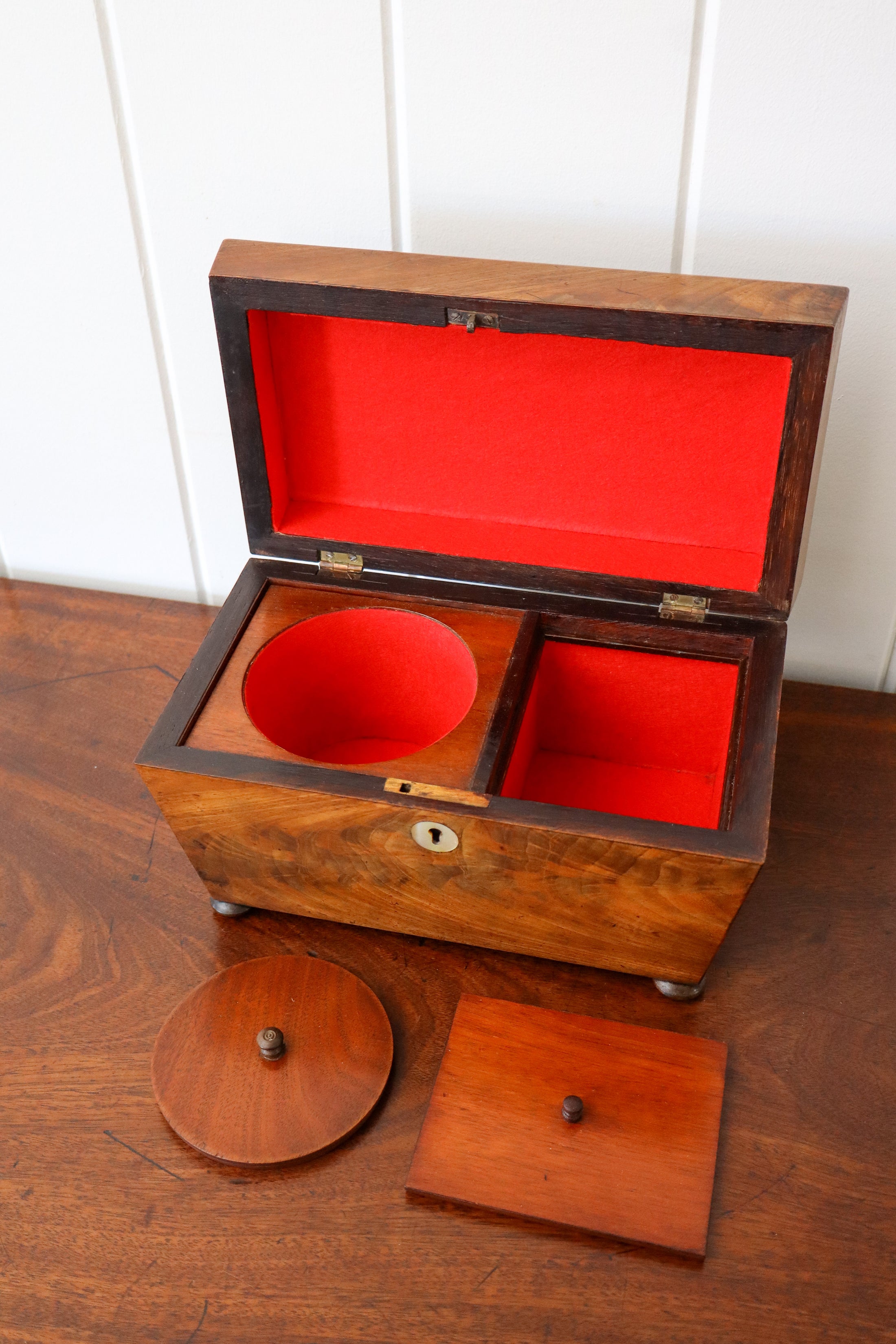 19th Century Mahogany Tea Caddy with Carved Top Detail on Bun Feet