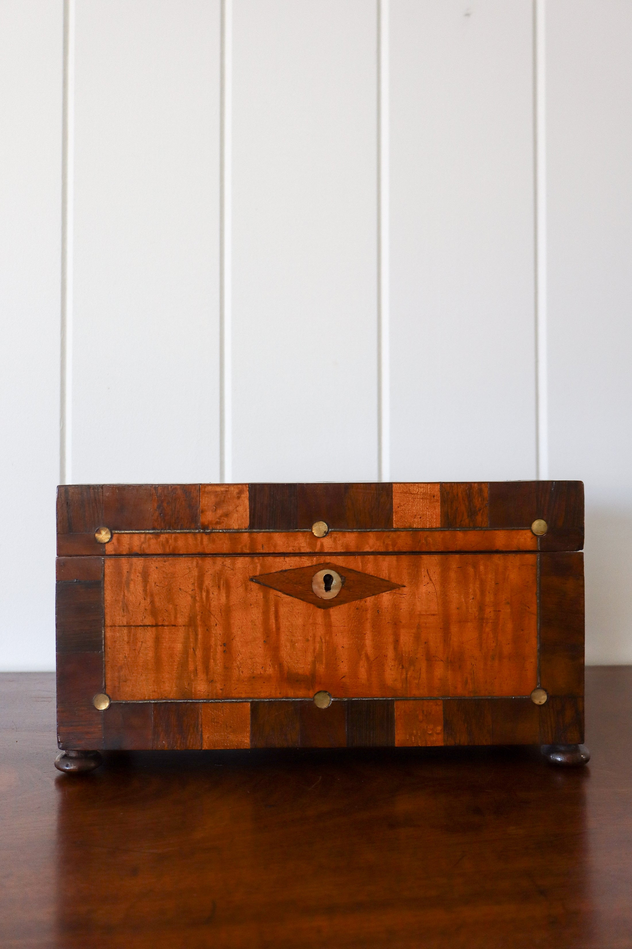 19th Century Satinwood Tea Caddy With Inlay Top + Interior Original Fittings (c. 1850)