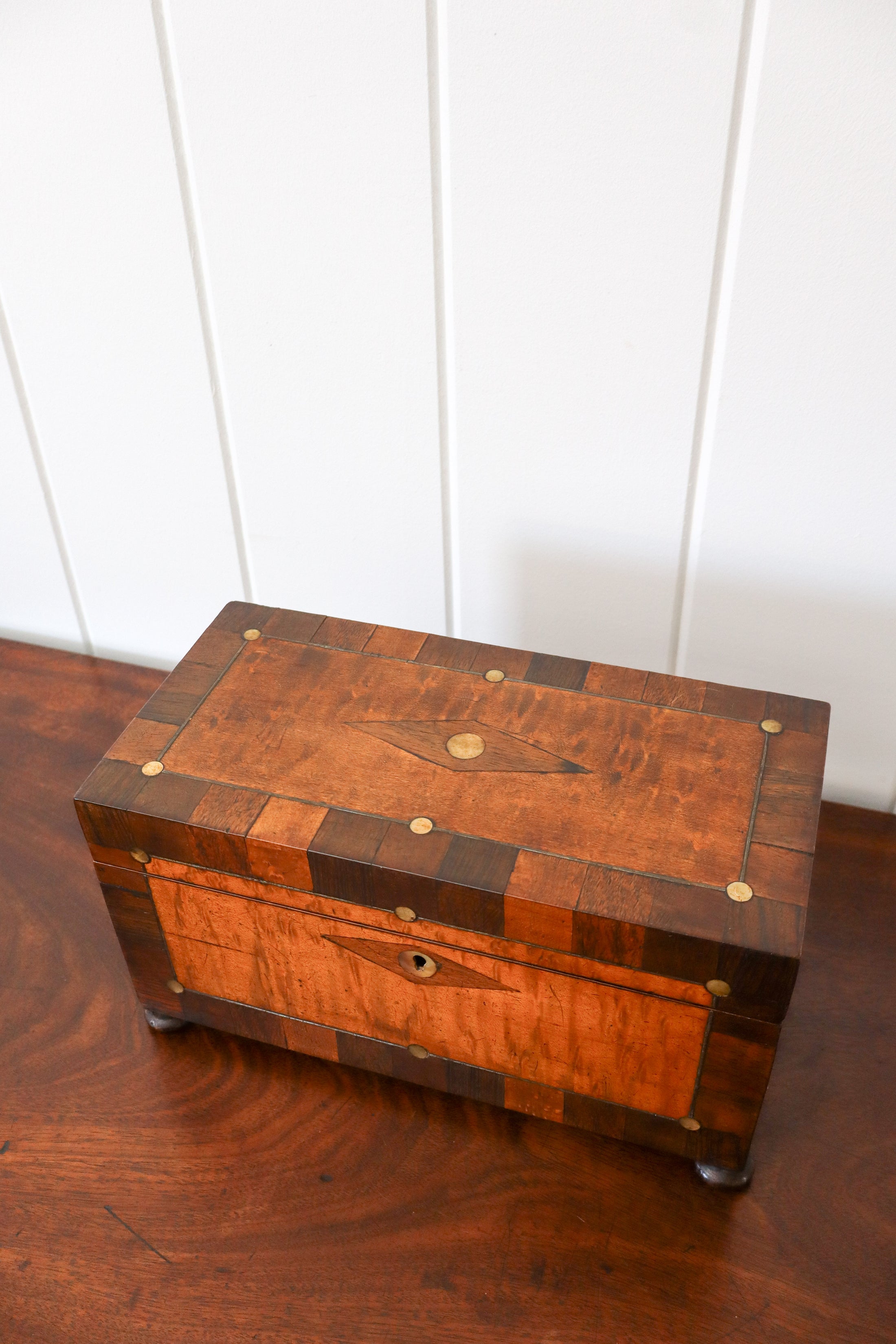 19th Century Satinwood Tea Caddy With Inlay Top + Interior Original Fittings (c. 1850)