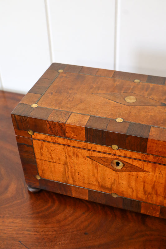 19th Century Satinwood Tea Caddy With Inlay Top + Interior Original Fittings (c. 1850)
