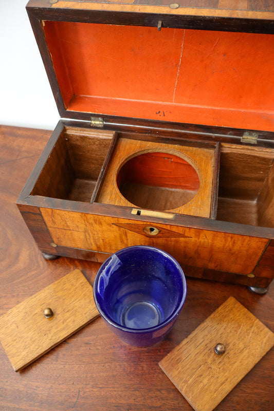 19th Century Satinwood Tea Caddy With Inlay Top + Interior Original Fittings (c. 1850)