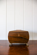 Load image into Gallery viewer, Antique English Mahogany Tea Caddy with Lion Head Rings on Brass Claw Feet (c. 1860)
