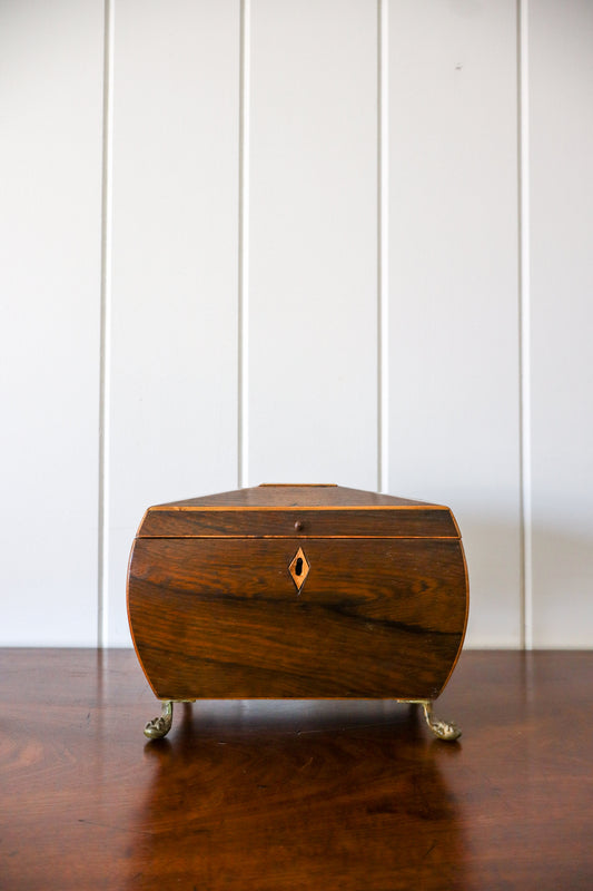 Antique English Mahogany Tea Caddy with Lion Head Rings on Brass Claw Feet (c. 1860)
