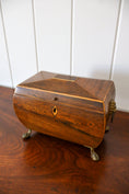 Load image into Gallery viewer, Antique English Mahogany Tea Caddy with Lion Head Rings on Brass Claw Feet (c. 1860)

