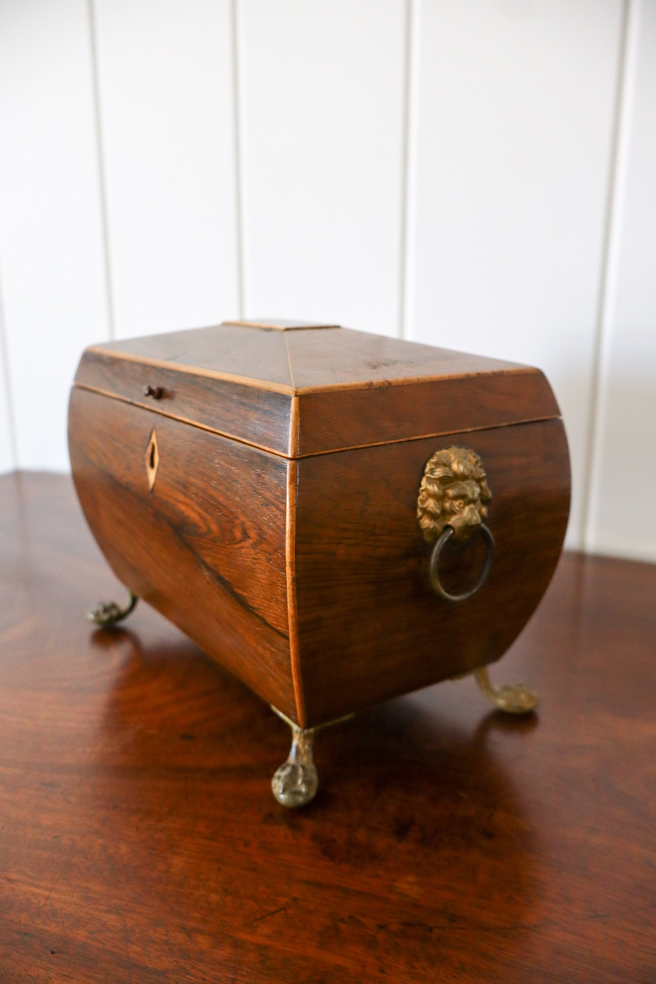 Antique English Mahogany Tea Caddy with Lion Head Rings on Brass Claw Feet (c. 1860)
