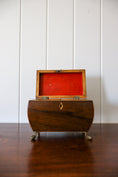 Load image into Gallery viewer, Antique English Mahogany Tea Caddy with Lion Head Rings on Brass Claw Feet (c. 1860)
