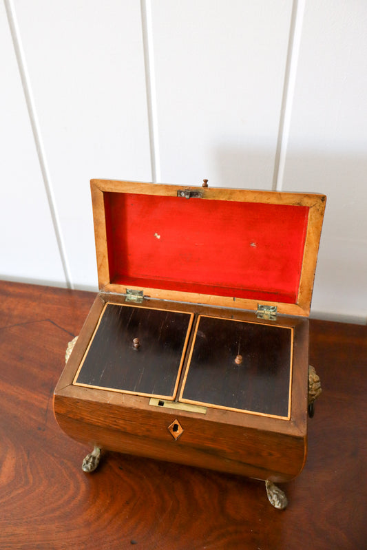 Antique English Mahogany Tea Caddy with Lion Head Rings on Brass Claw Feet (c. 1860)