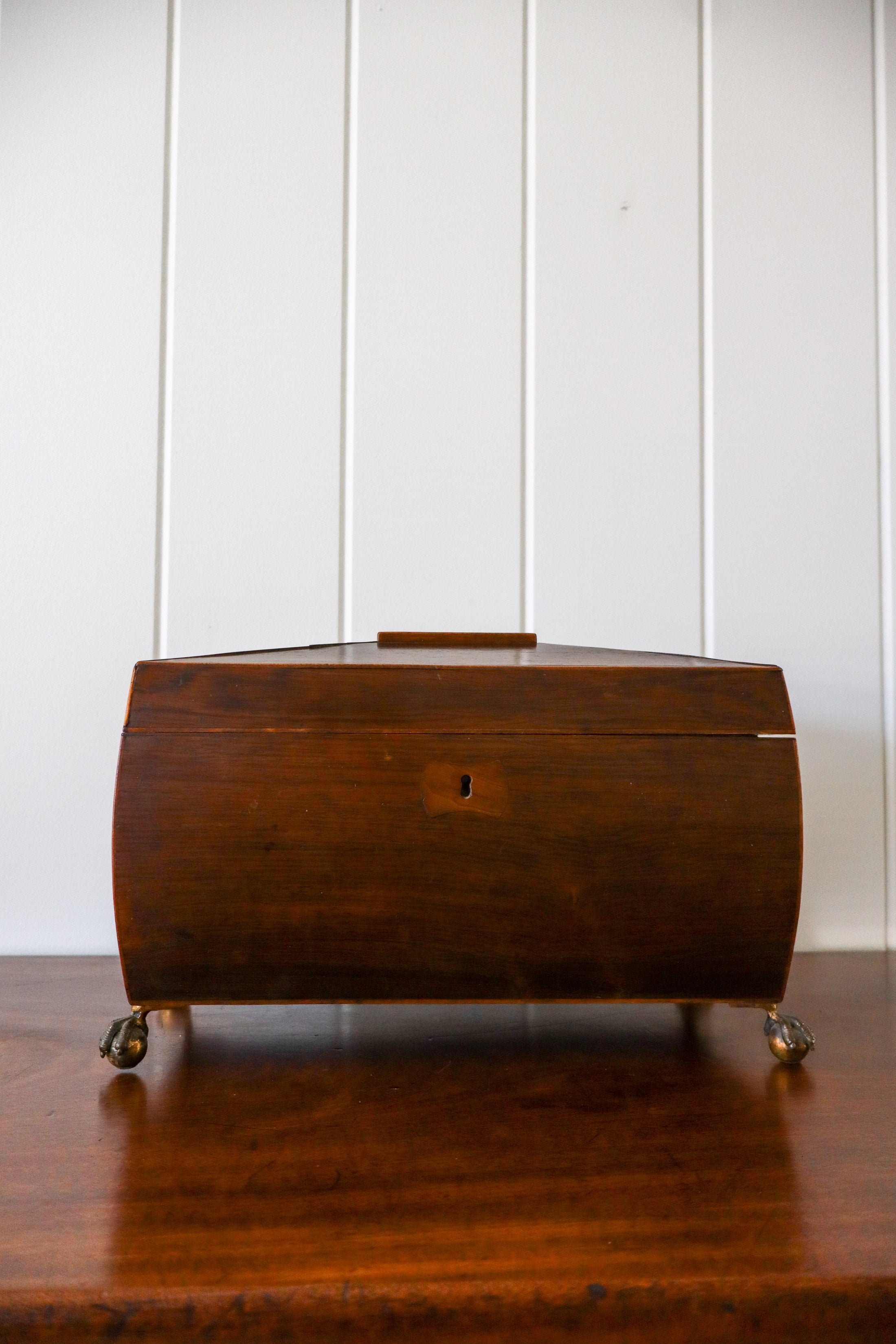 Georgian Rosewood Tea Caddy With Brass Handles + Brass Claw Feet | Original Fittings + Green Interior
