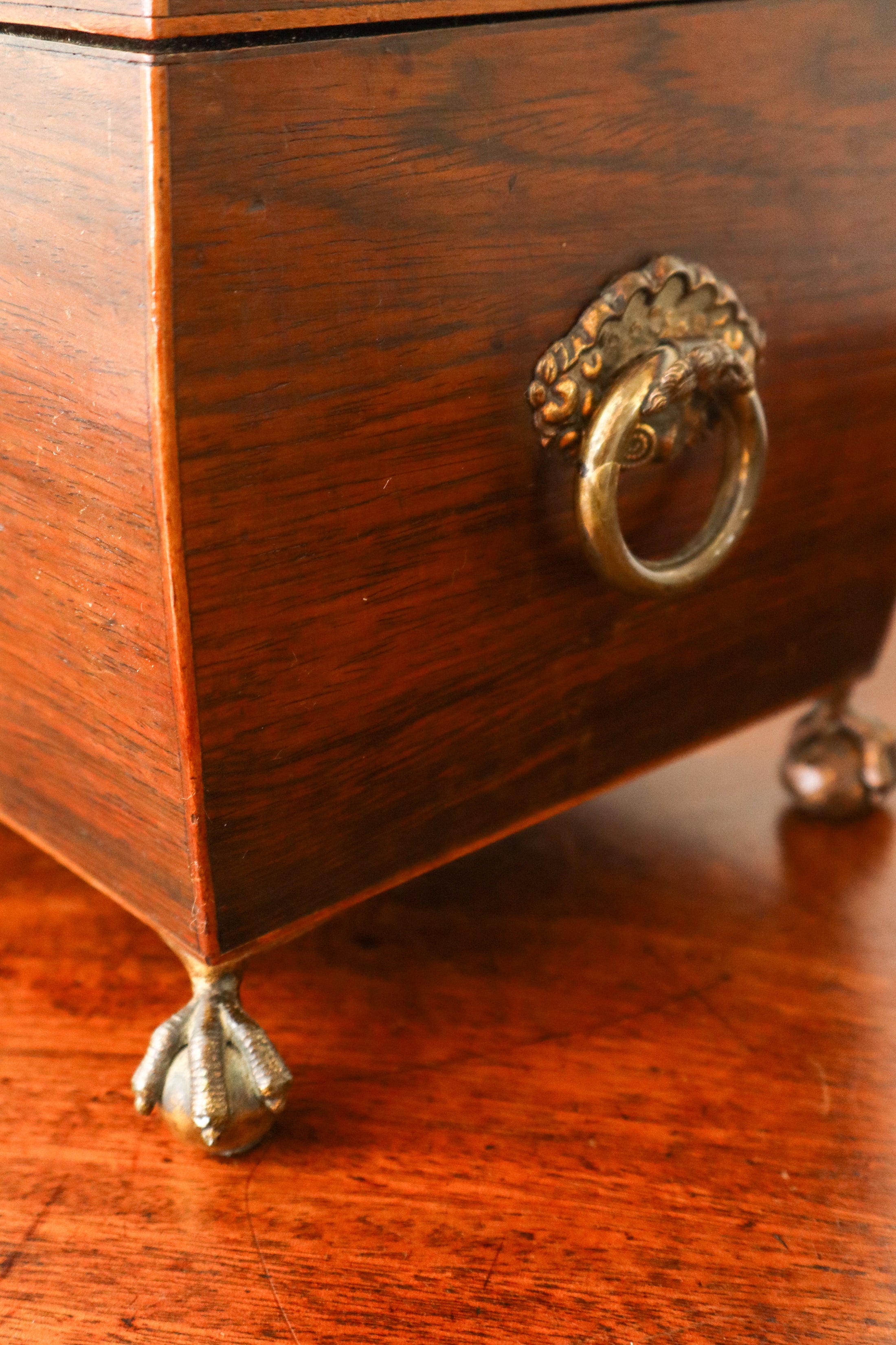 Georgian Rosewood Tea Caddy With Brass Handles + Brass Claw Feet | Original Fittings + Green Interior