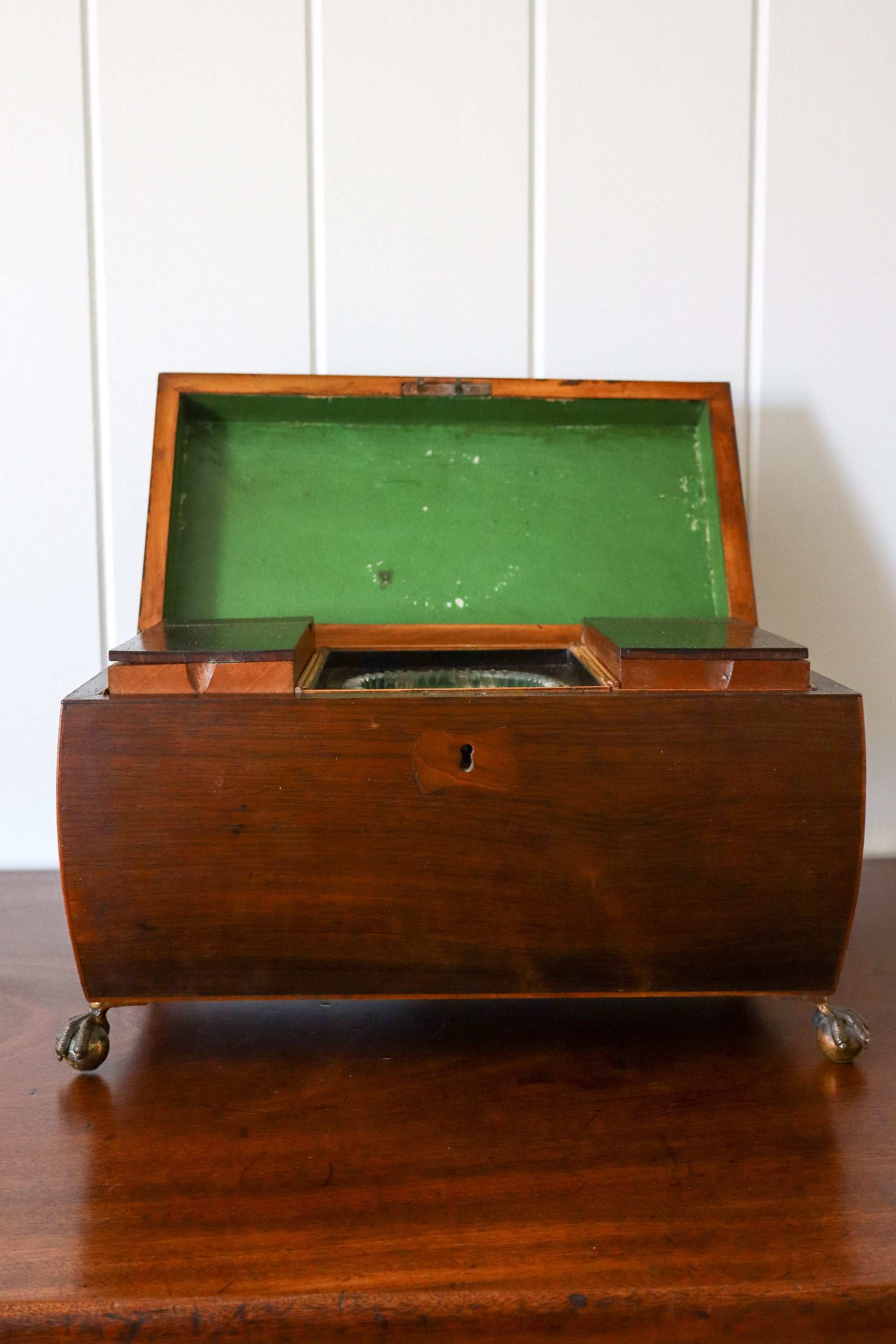 Georgian Rosewood Tea Caddy With Brass Handles + Brass Claw Feet | Original Fittings + Green Interior