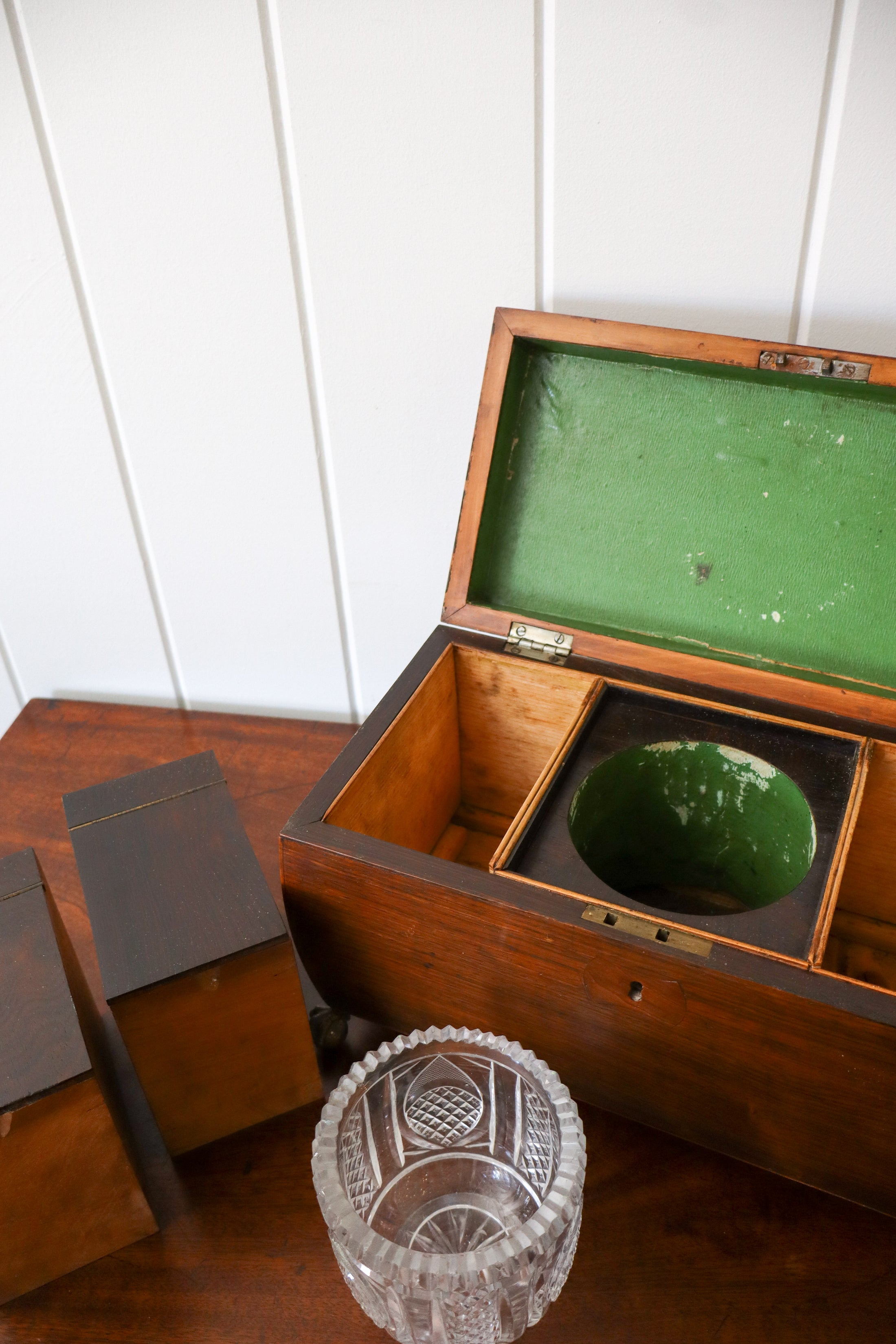 Georgian Rosewood Tea Caddy With Brass Handles + Brass Claw Feet | Original Fittings + Green Interior