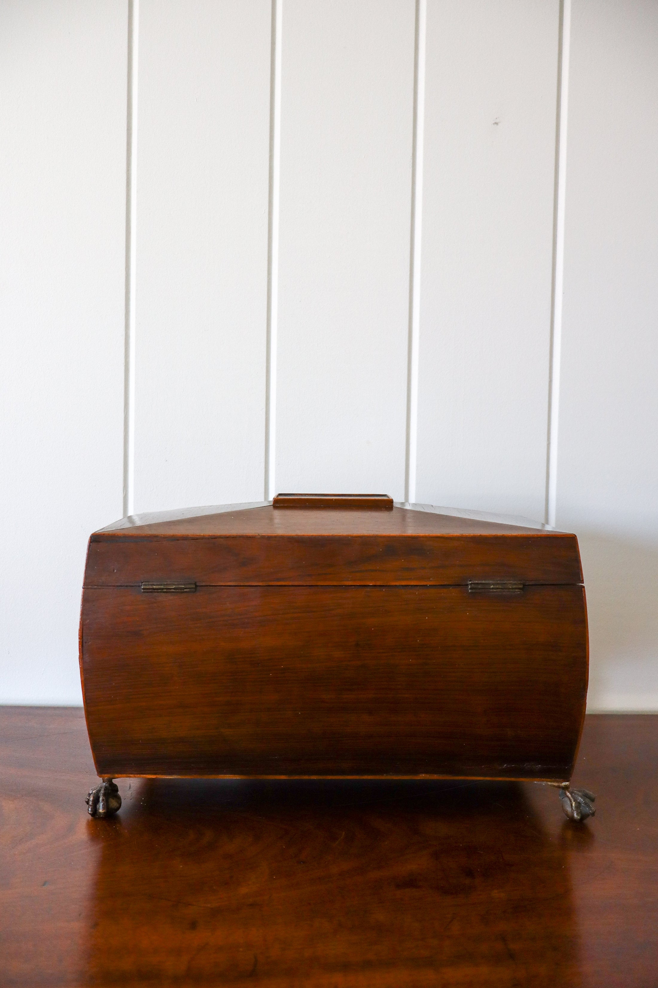 Georgian Rosewood Tea Caddy With Brass Handles + Brass Claw Feet | Original Fittings + Green Interior