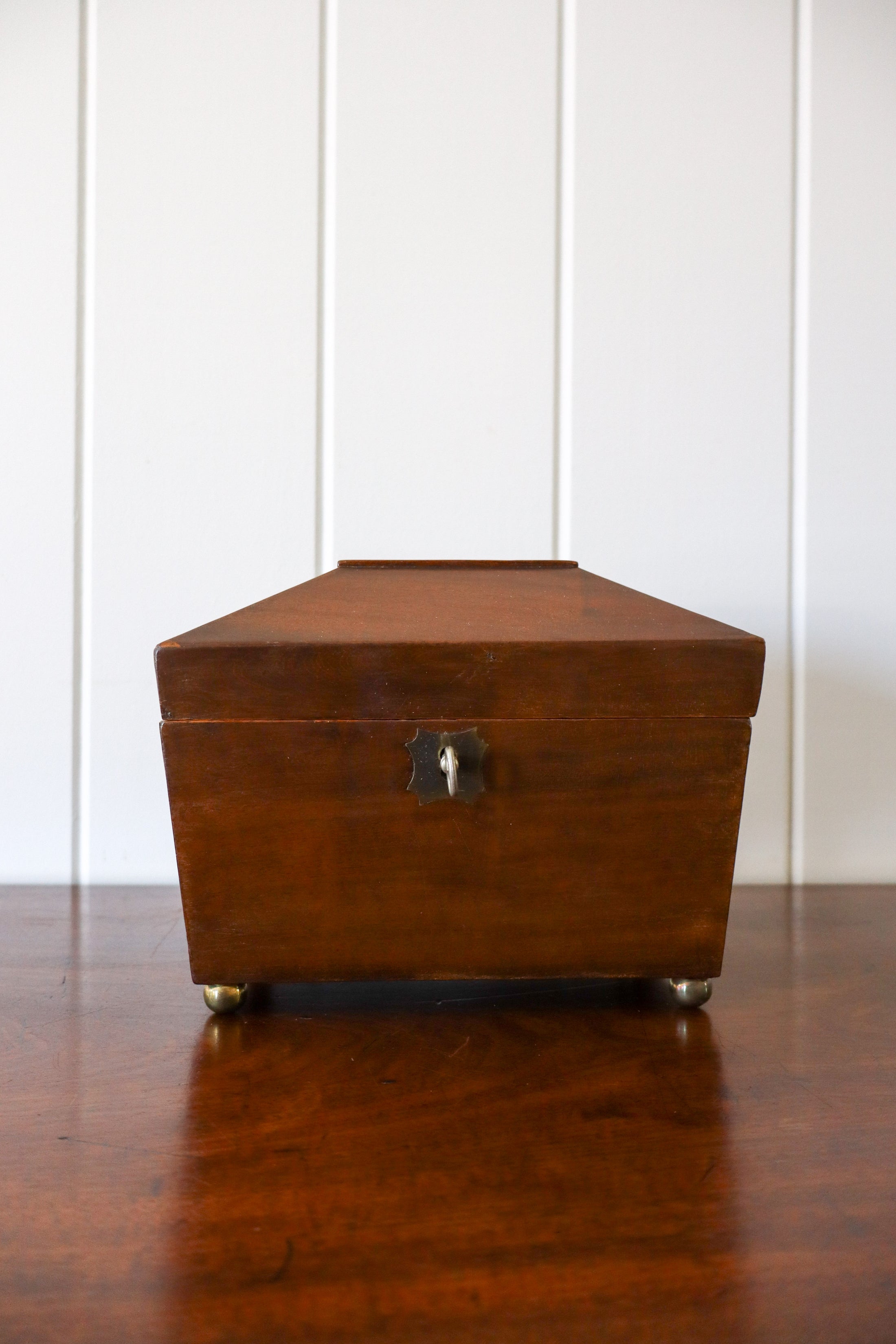 Regency Mahogany Sarcophagus Tea Caddy Brass Ball Feet Working Lock And Key (c. 1810)