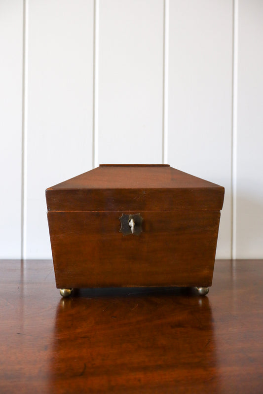 Regency Mahogany Sarcophagus Tea Caddy Brass Ball Feet Working Lock And Key (c. 1810)