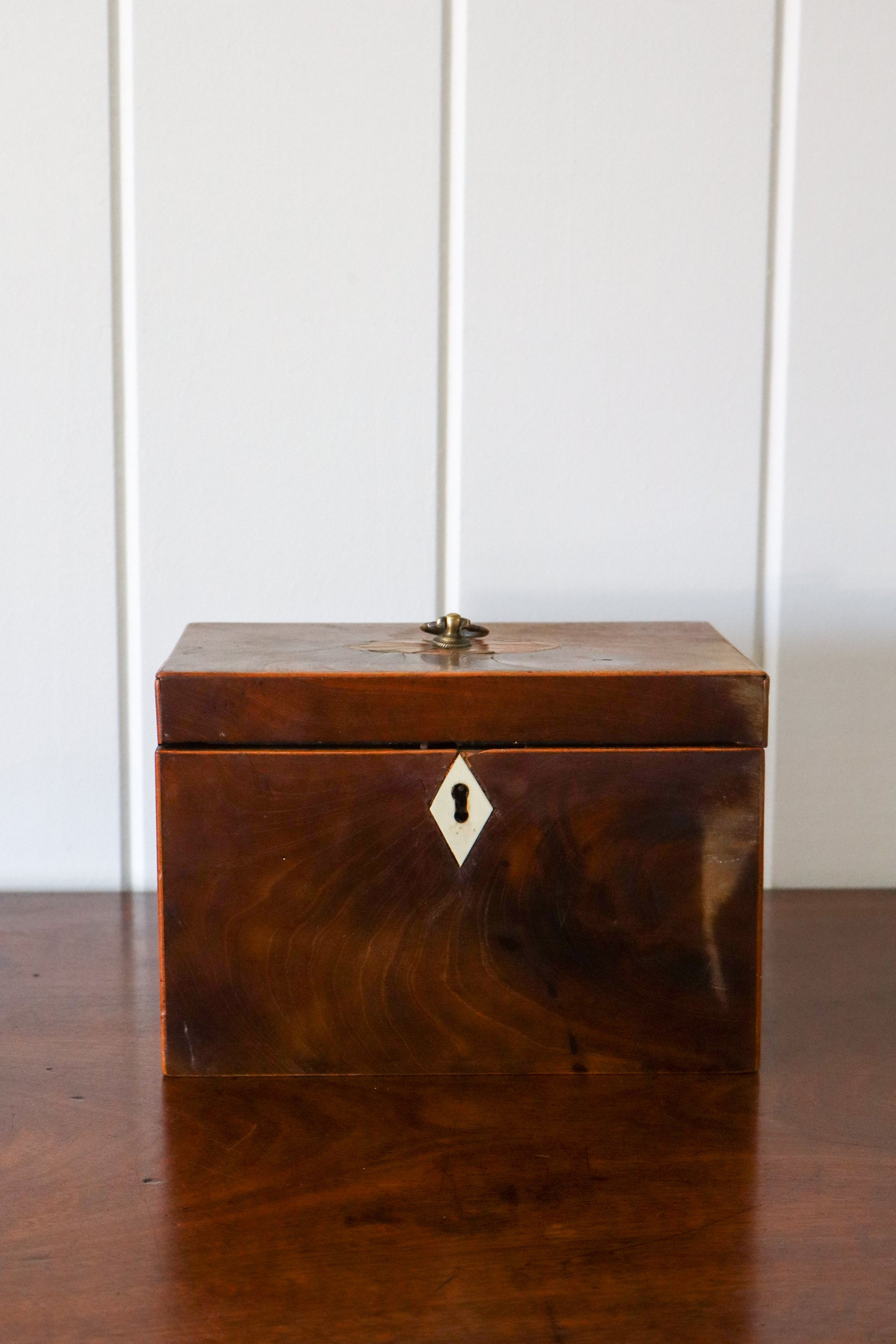 Georgian Inlaid Two-Compartment Tea Caddy With Brass Handle and Bone Keyhole