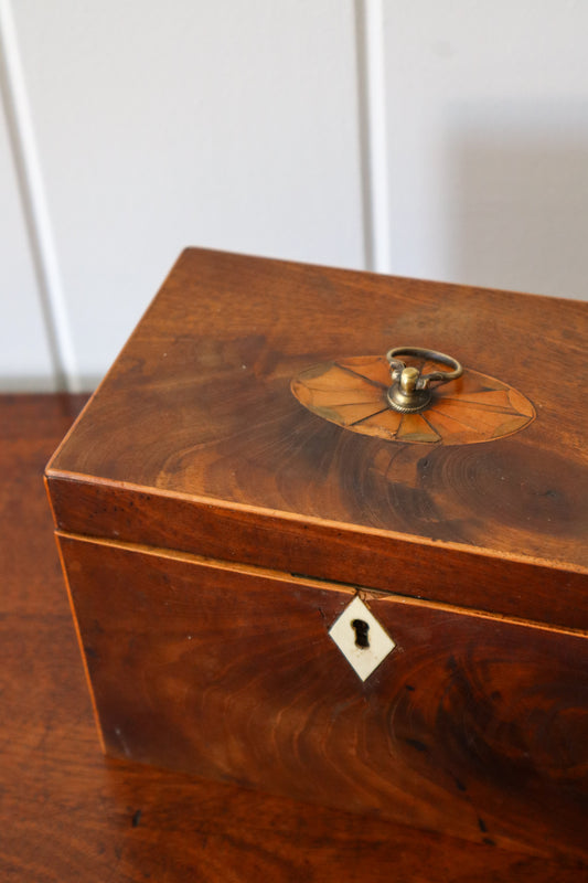 Georgian Inlaid Two-Compartment Tea Caddy With Brass Handle and Bone Keyhole