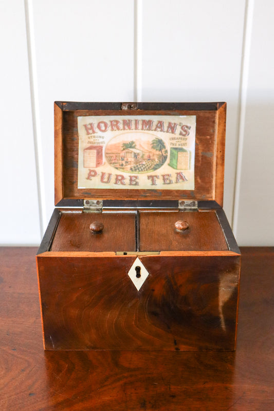 Georgian Inlaid Two-Compartment Tea Caddy With Brass Handle and Bone Keyhole