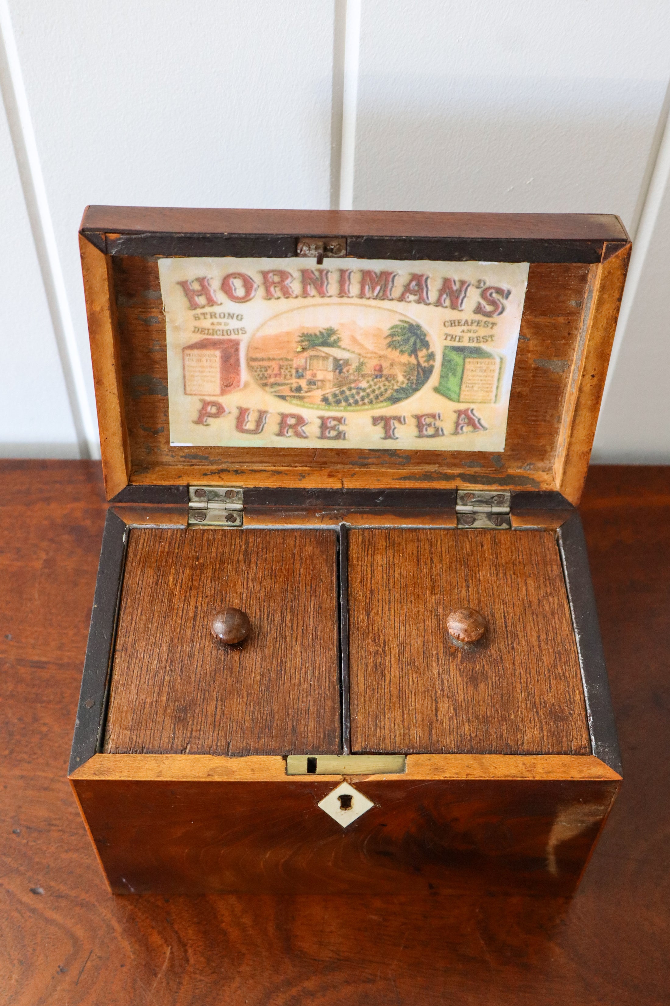 Georgian Inlaid Two-Compartment Tea Caddy With Brass Handle and Bone Keyhole