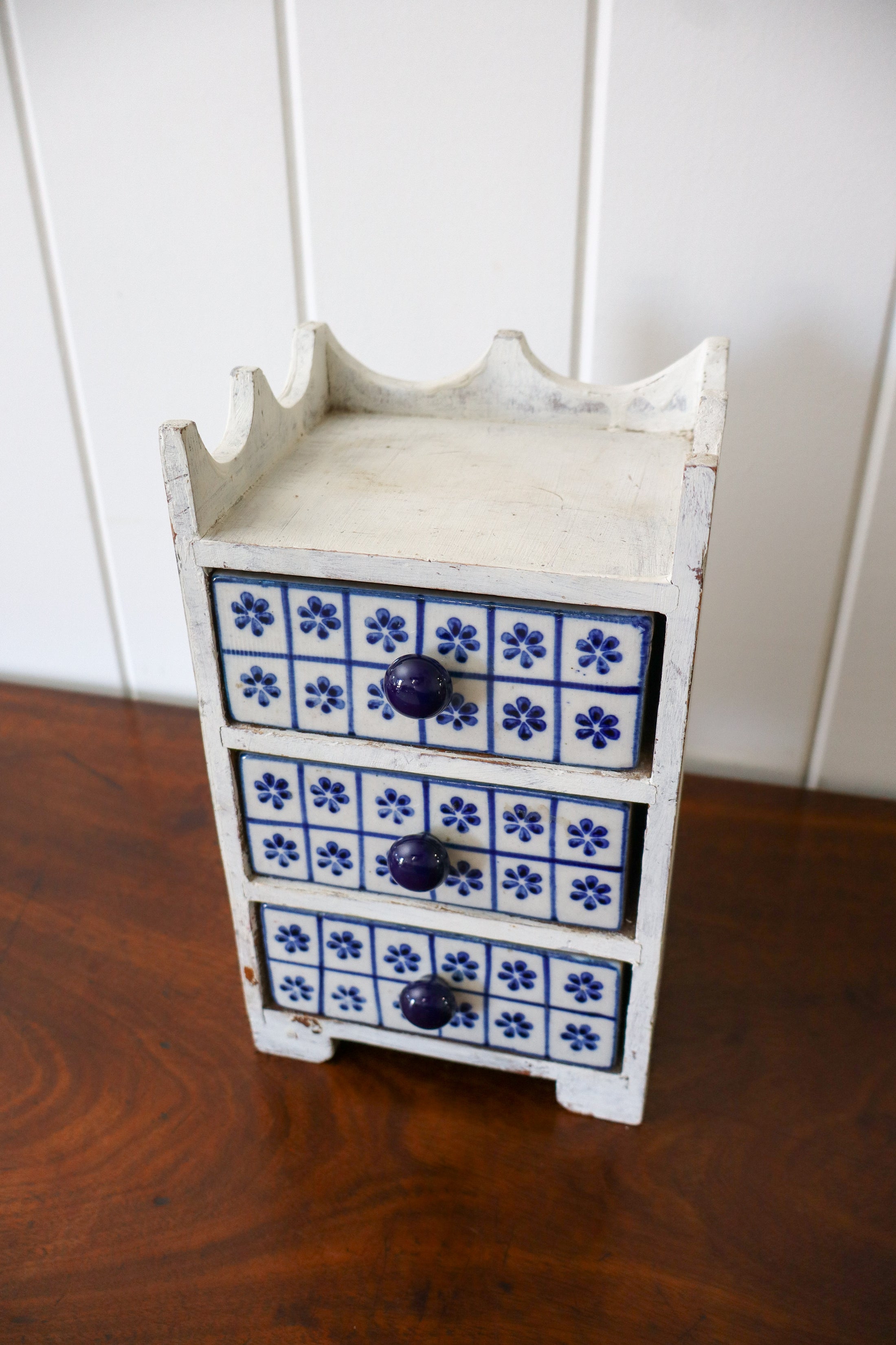 Vintage Petite Jewelry Chest / Jewelry Box with Blue + White Floral Tile Drawers