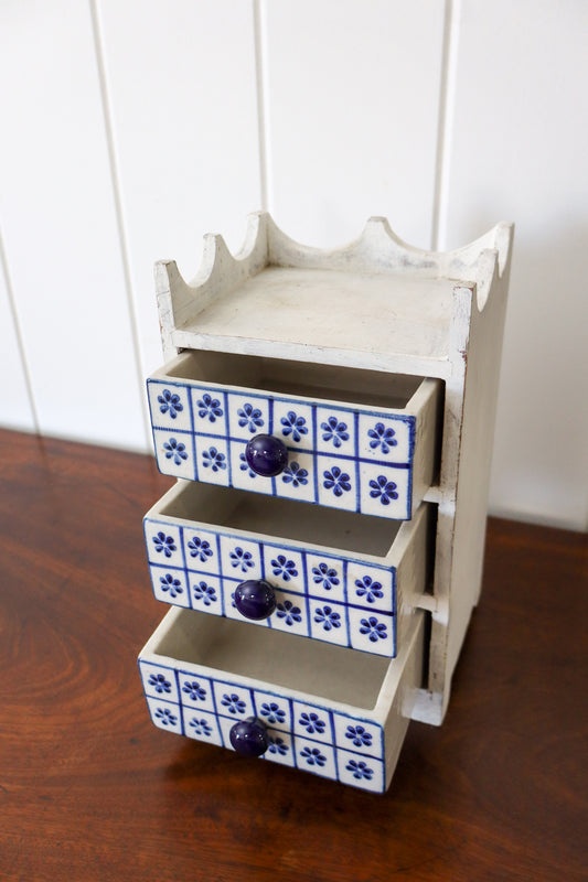 Vintage Petite Jewelry Chest / Jewelry Box with Blue + White Floral Tile Drawers
