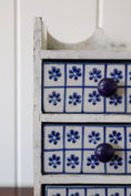 Load image into Gallery viewer, Vintage Petite Jewelry Chest / Jewelry Box with Blue + White Floral Tile Drawers
