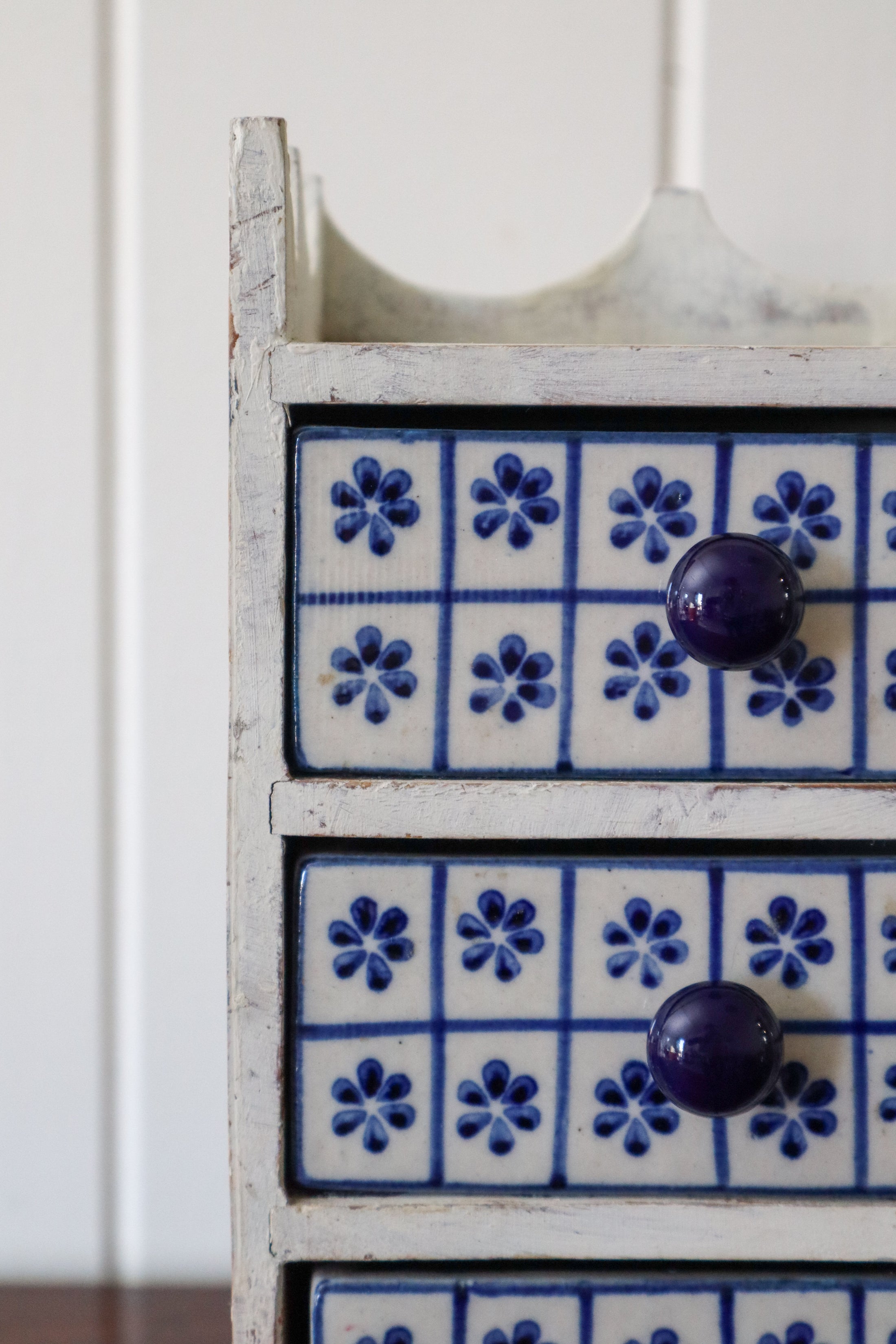 Vintage Petite Jewelry Chest / Jewelry Box with Blue + White Floral Tile Drawers