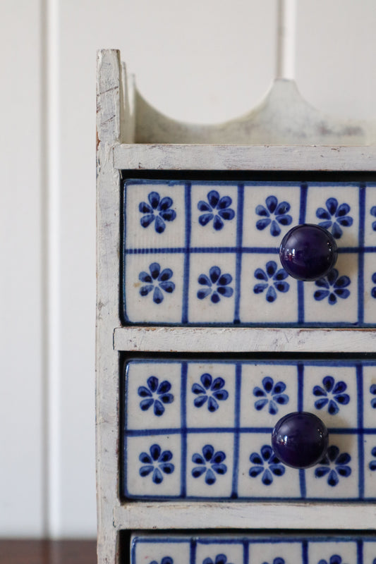 Vintage Petite Jewelry Chest / Jewelry Box with Blue + White Floral Tile Drawers