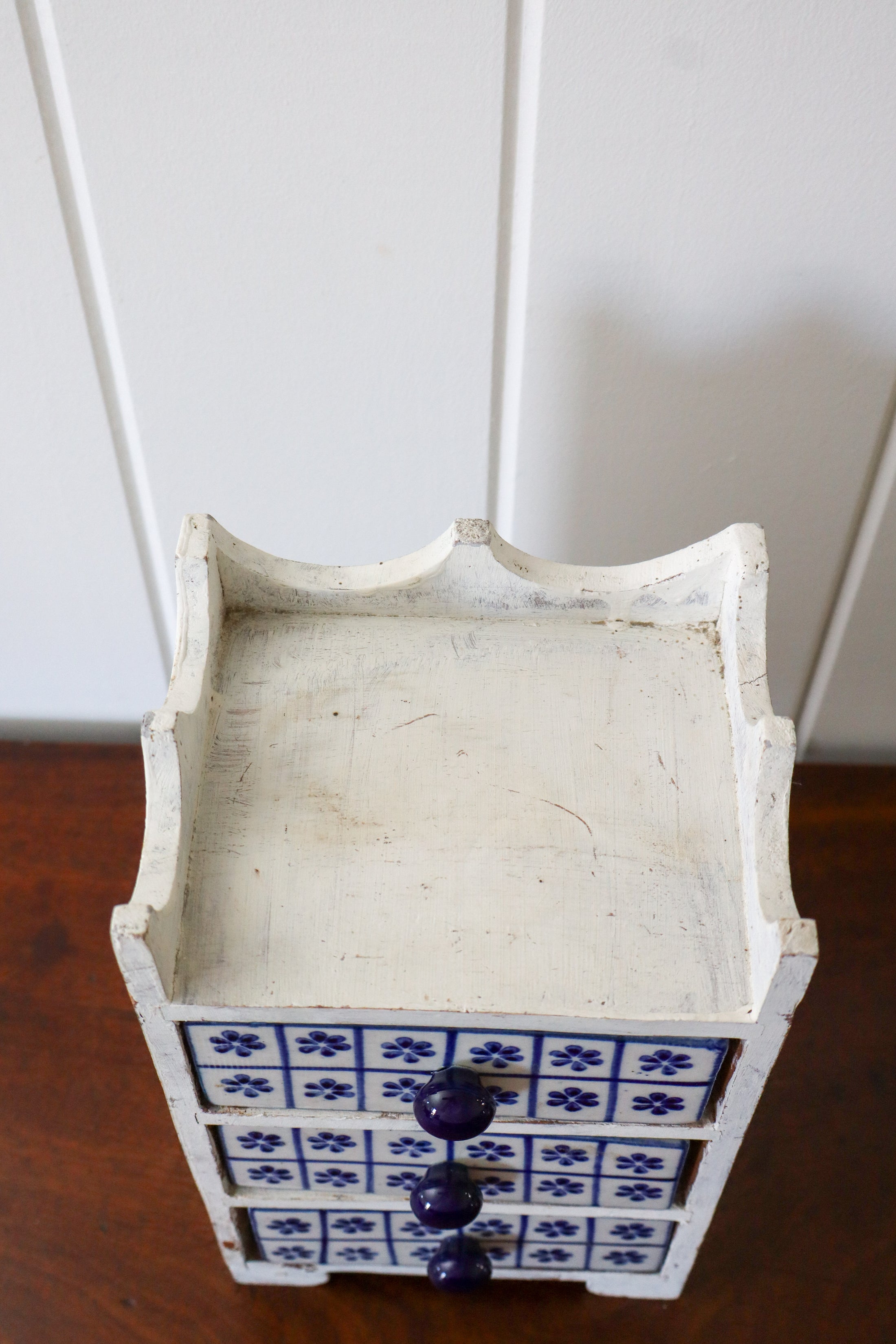 Vintage Petite Jewelry Chest / Jewelry Box with Blue + White Floral Tile Drawers
