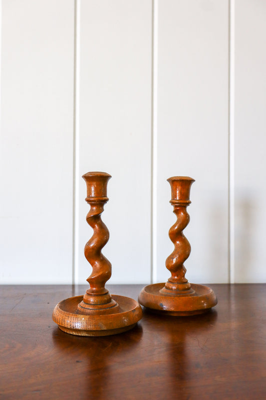 PAIR Antique Oak Barley Twist Candlesticks (c. 1820)