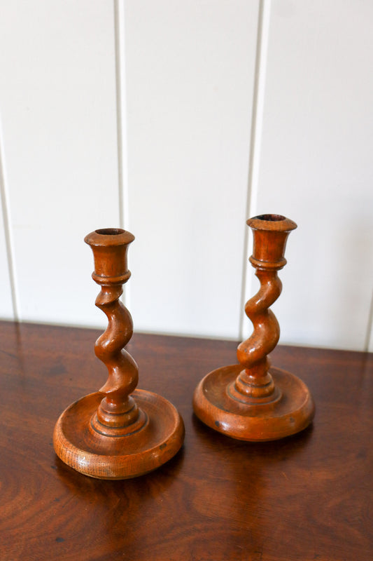 PAIR Antique Oak Barley Twist Candlesticks (c. 1820)