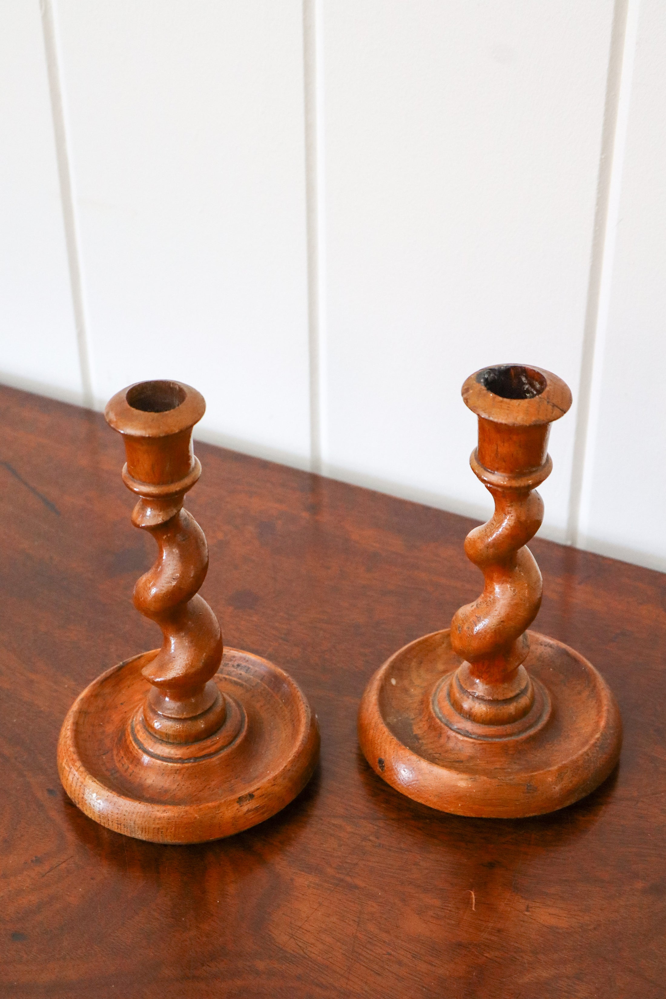 PAIR Antique Oak Barley Twist Candlesticks (c. 1820)