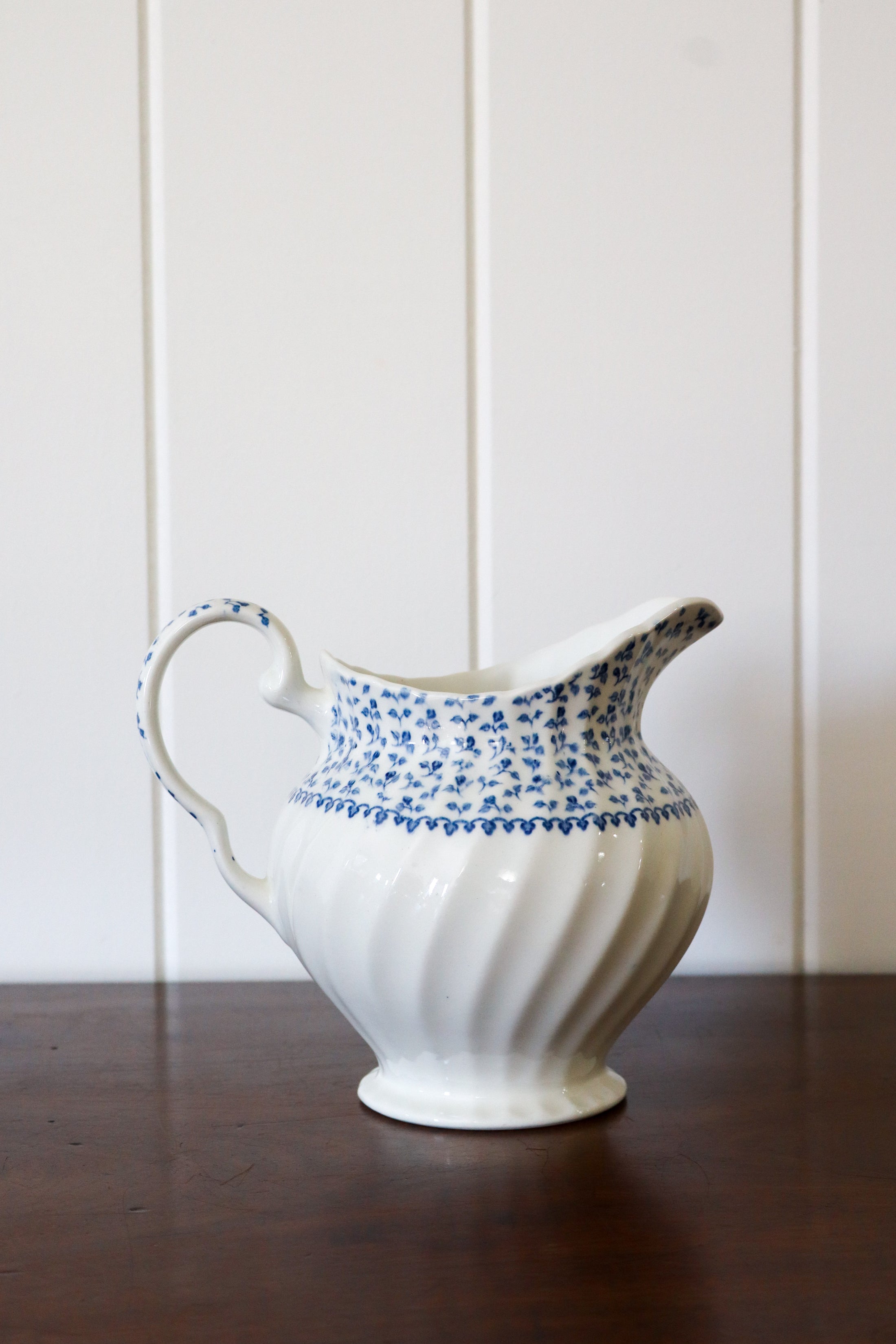 English Blue + White Pitcher with Ditsy Floral (stamped)