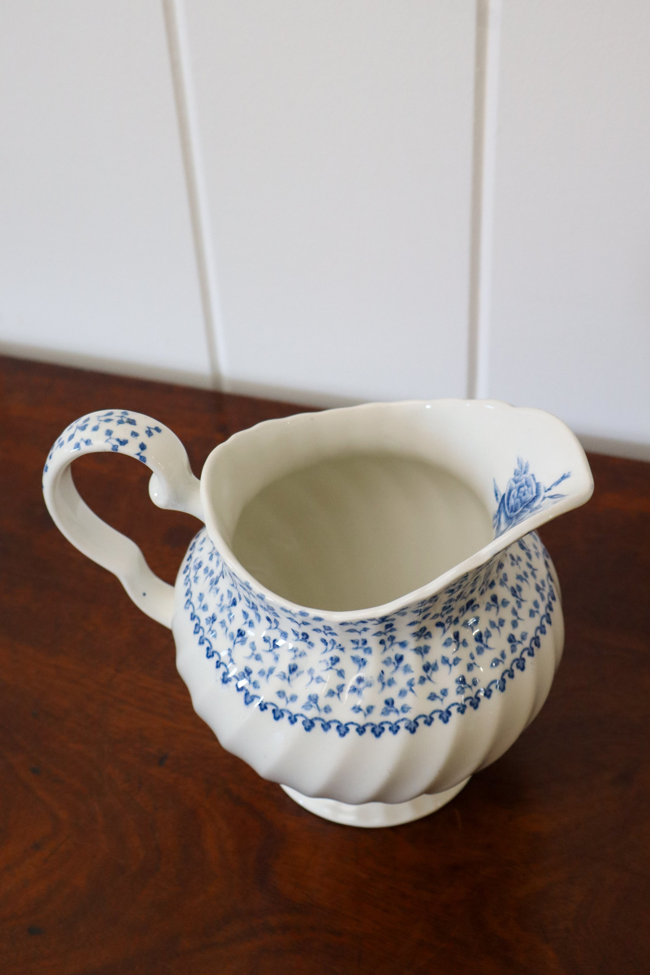 English Blue + White Pitcher with Ditsy Floral (stamped)