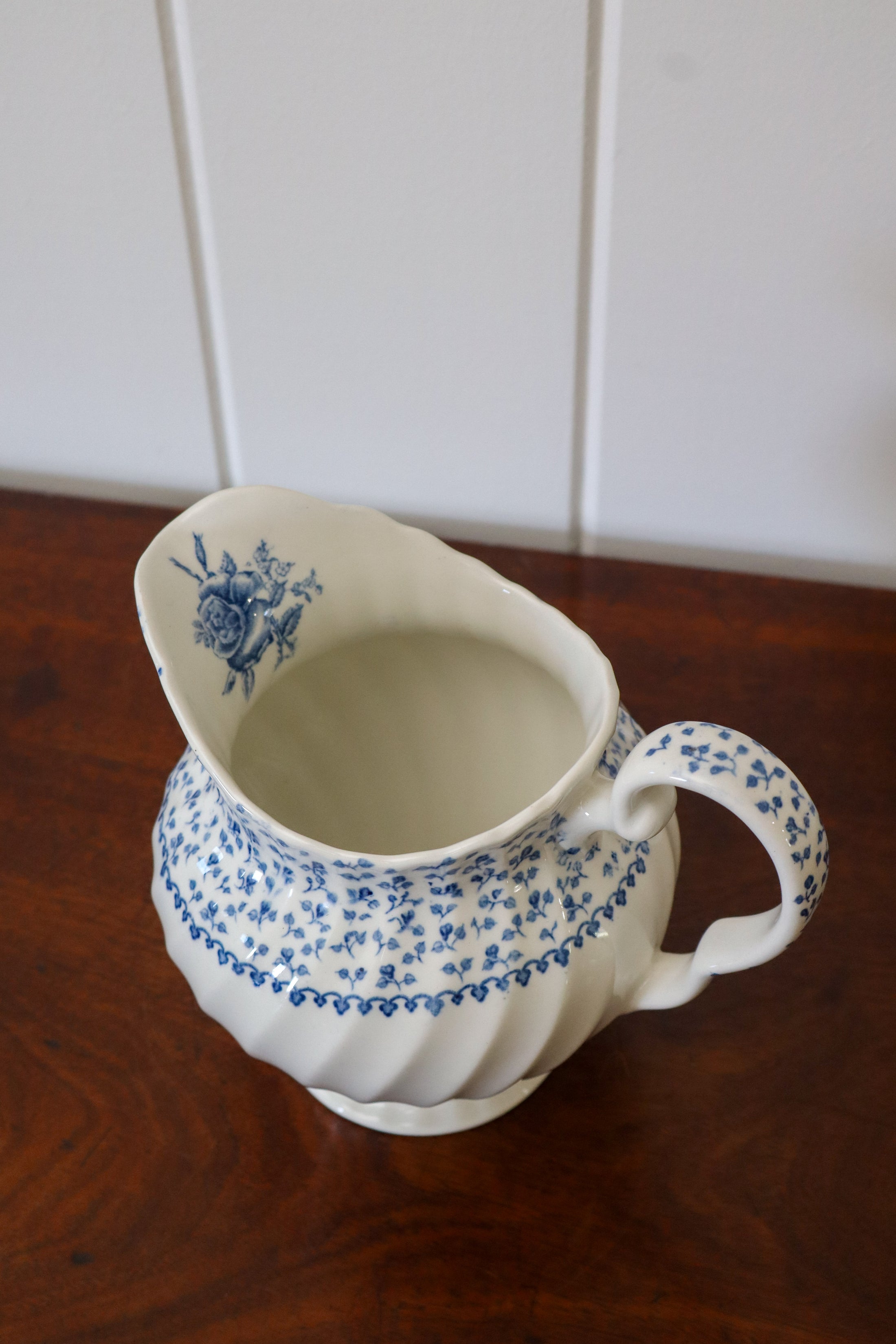 English Blue + White Pitcher with Ditsy Floral (stamped)
