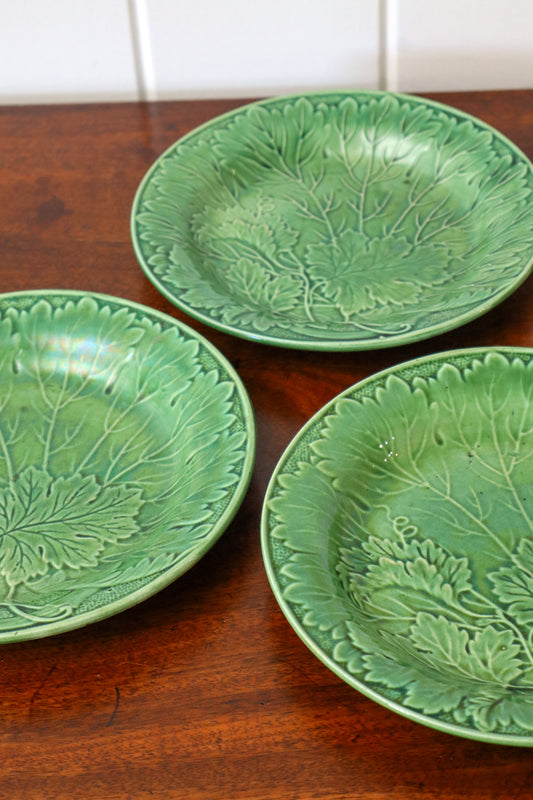 Antique Majolica Green Leaf Plates | 7.5”W