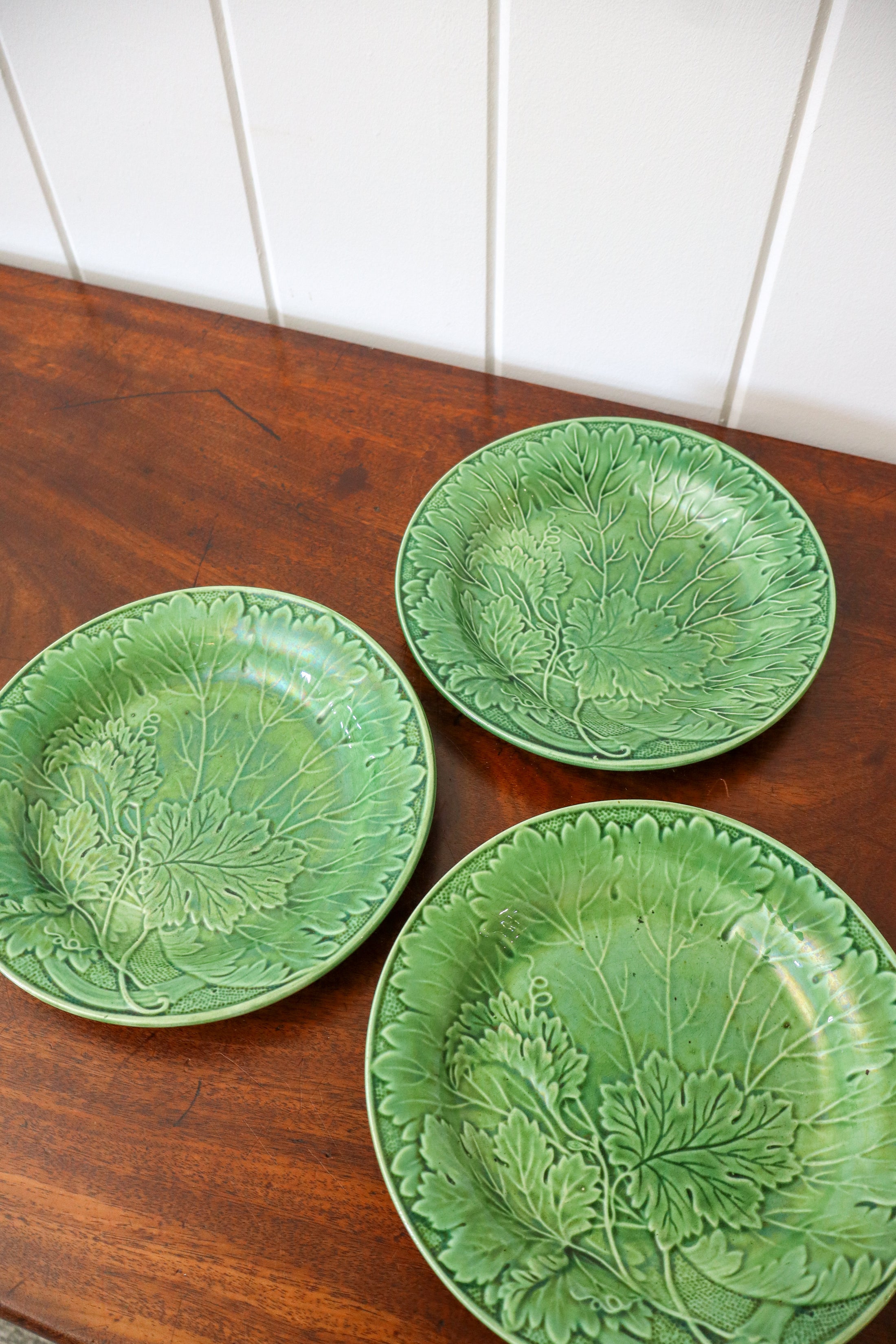 Antique Majolica Green Leaf Plates | 7.5”W