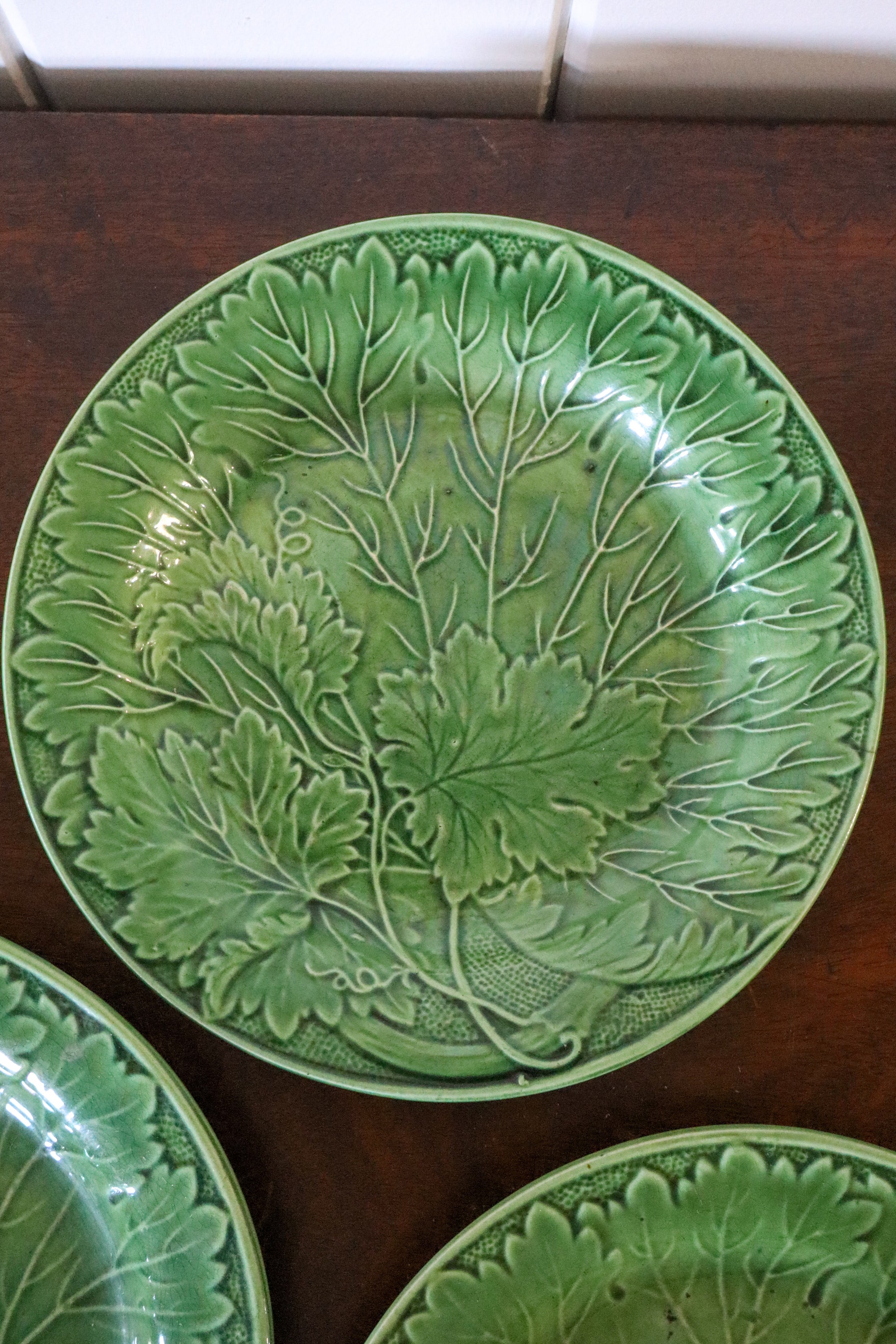 Antique Majolica Green Leaf Plates | 7.5”W