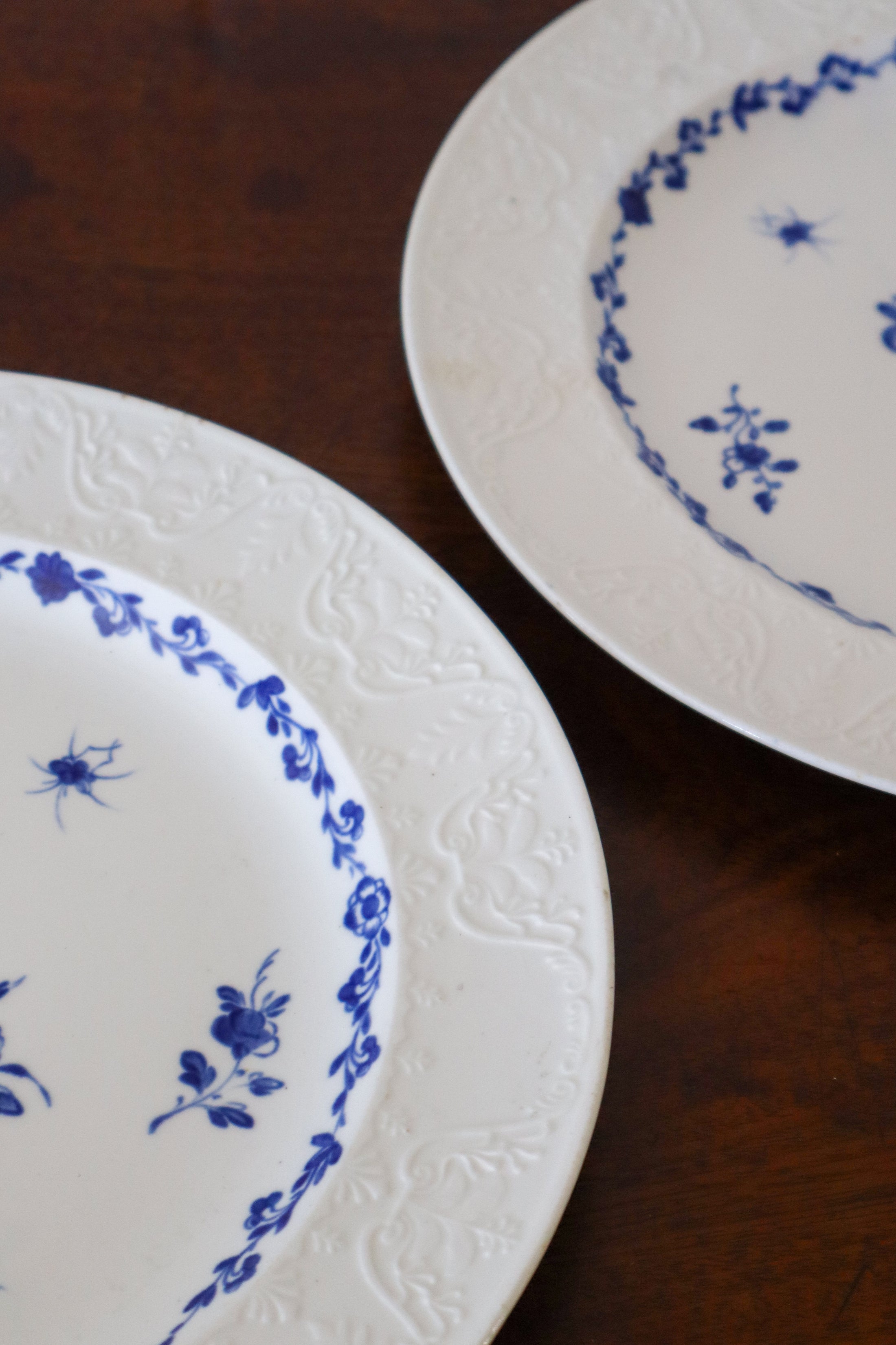 PAIR Blue + White Floral Spode Plates (c. 1840)
