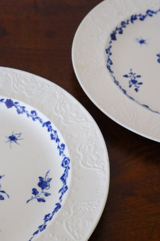 PAIR Blue + White Floral Spode Plates (c. 1840)