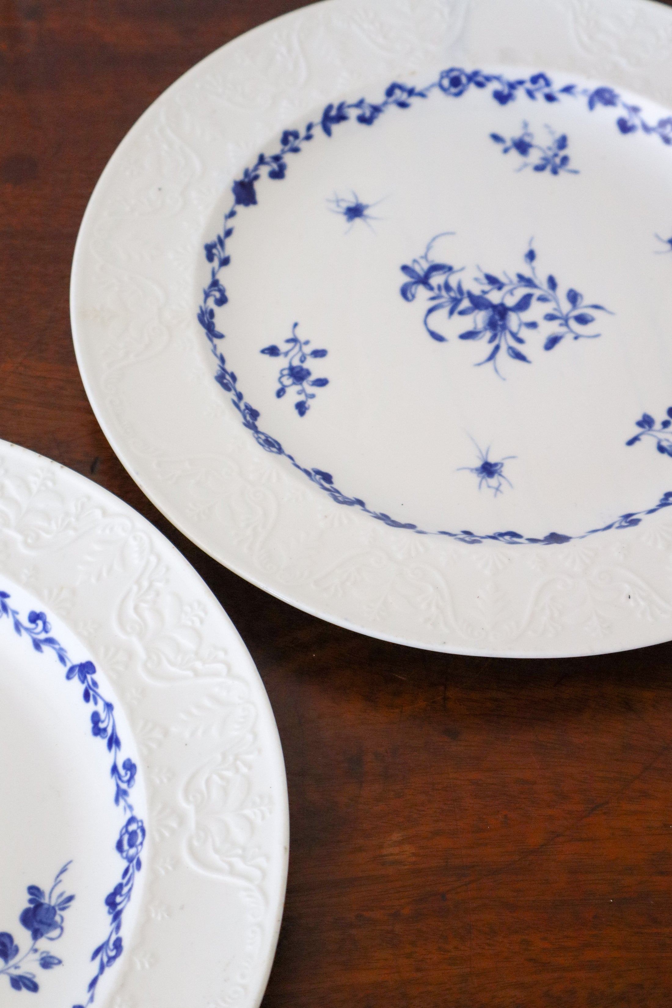 PAIR Blue + White Floral Spode Plates (c. 1840)